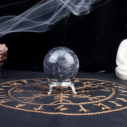 Crocon 45mm Indigo Gabbro Stone Sphere Ball with Metal Stand 1400+ Carats Gemstone Ball Healing Sphere Sculpture Figurine for Fengshui Divination Home Decoration Photography Crystal Sphere
