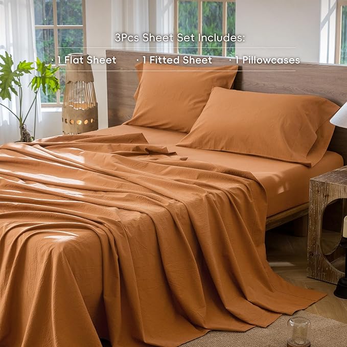 MooMee Bedding Sheet Set 100% Washed Cotton Linen Like Textured Breathable Durable Soft Comfy (Solid Burnt Orange, Twin)