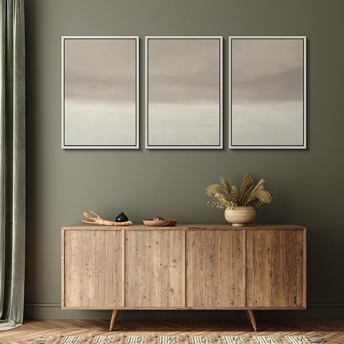 MUDECOR Framed Wall Art Print Set Misty Horizon Minimalist Foggy Mountain Landscape in Soft Neutral Tones Illustrations Realism Decorative for Living Room, Bedroom, Office - 24"x36"x3 White