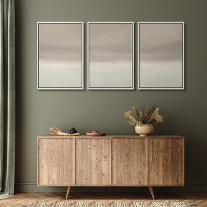 MUDECOR Framed Wall Art Print Set Misty Horizon Minimalist Foggy Mountain Landscape in Soft Neutral Tones Illustrations Realism Decorative for Living Room, Bedroom, Office - 24"x36"x3 White