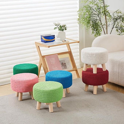 Wimarsbon Pouf Ottoman, 100% Cotton Knitted Boho Footstool, Round Footrest with Non-Skid Wood Legs, Home Décor Handmade Pouffe, Leisure Floor Step Stool for Living Room (Pink)
