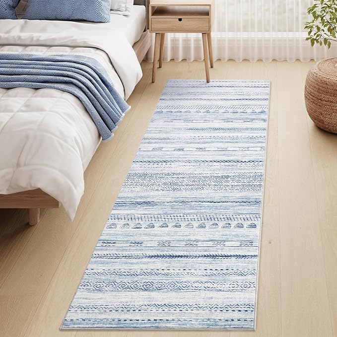 2x8 Runner Rug Machine Washable Non Slip Area Rug Distressed Neutral Moroccan Boho Rug Ultra Soft Floor Runners for Hallways for Entryway Laundry Room Kitchen, Blue