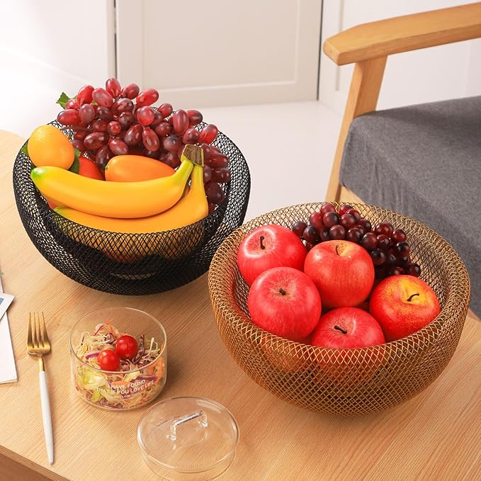 IBWell Metal Wire Woven Fruit Storage Bowl Basket for Kitchen, Large Black Mesh Fruit Stand, for Apple, Pineapple, Banana, Orange, Lemon, Pear, Strawberry, Watermelon (Black, Nomal)