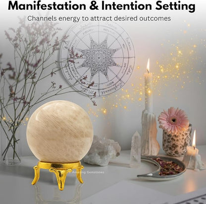 Amazing Gemstone Cream Moonstone Crystal Ball with Stand - 1.5 Inches Crystal Sphere Meditation Balls for Witchcraft and Decorative Balls