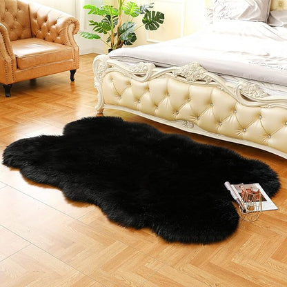 Fluffy Faux Fur Rug Black Sheepskin Area Rug,4x6 Ft Ultra Soft Shaggy Plush Rug for Bedroom Bedside Living Room Nursery Kids Room