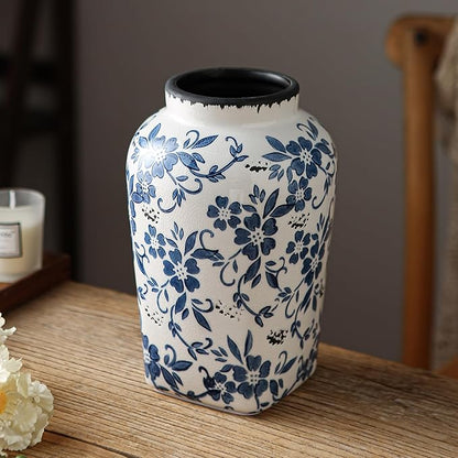 Blue and White Chinoiserie Vase, Handmade Vintage Floral Ceramic Vase, Round Blue Vase for Flowers, Rustic Table Centerpiece, Blue Vases Home Decor for Living Room, Office, Kitchen 8.4 in