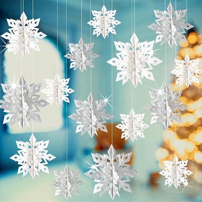 GuassLee Christmas Hanging Snowflakes Decorations, 15pcs 3D Glitter White Silver Paper Snowflakes Snow Flakes Garland for Winter Wonderland Frozen Christmas Birthday Party Decorations
