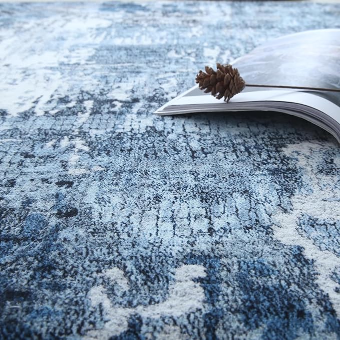 Rugcomf 8x10 Rug Washable Boho Rug Soft Large Area Rug Non-Slip Non-Shedding Faux Wool Vintage Rug for Living Room, Farmhouse, Dining Room, Indoor, Kids Playroom, Blue