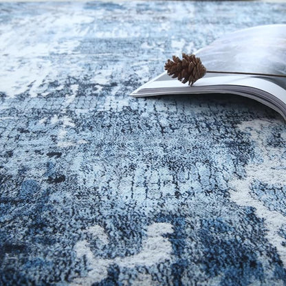 Rugcomf Runner Rug 2'6''x8' Hallway Washable Boho Soft Area Rug Abstract Pattern Non-Slip Faux Wool Vintage for Kitchen, Entryway, Laundry, Bedroom, Blue
