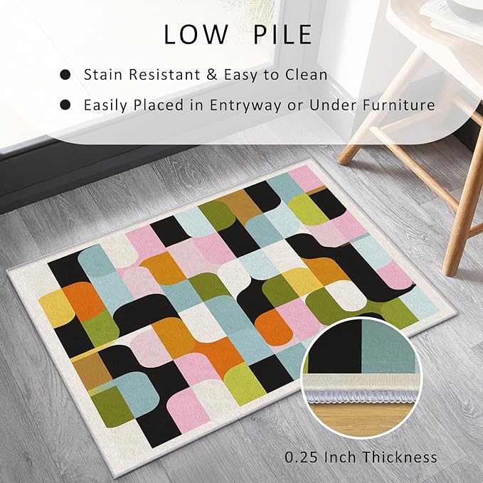 Mid Century Rug 3x5 Retro Abstract Geometric Pattern, Washable Living Room Bedroom Area Rugs, Mid Century Decor for Home, Soft Non Slip Indoor Carpet, Low Pile Design & G838