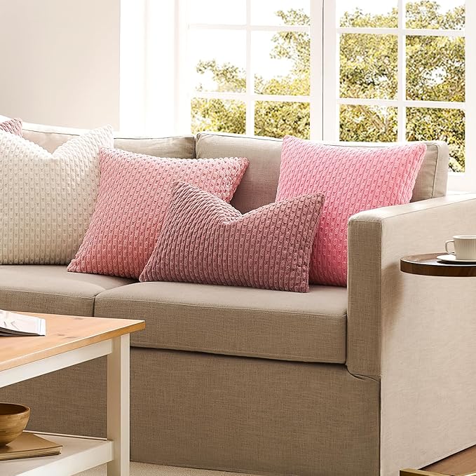 Kevin Textile Valentines Day 12x20 Inch Pillow Cover 1 Pack Boho Decorative Soft Striped Corduroy Lumbar Farmhouse Accent Rectangle Cushion Case for Living Room Couch Sofa Bed, Pink