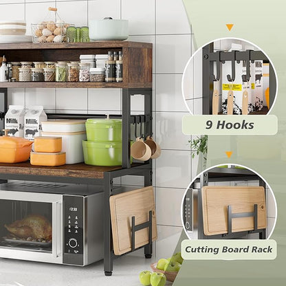 EnHomee Microwave Stand, 4-Tier with 9 Hooks for Kitchen Countertop Organizer, 205LBS Microwave Shelf, Adjustable Kitchen Shelves Microwave Stand with Storage and Microwave Oven Rack (Brown)