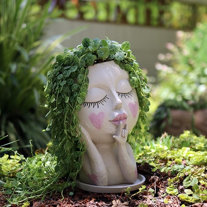 Face Flower Pots Head Planter, Dolkgy Cute Resin Planters for Indoor Outdoor Plants, Macetas Para Plantas Unique Head Plant Pot Face Vase