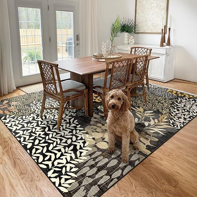 DEXDE 8x10 Area Rug, Soft Washable Abstract Area Rugs Non-Slip Vintage Boho Rug Leaves Floral Print Carpet for Living Room Bedroom Office Dining Room Playroom, Black