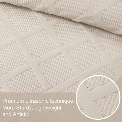 Exclusivo Mezcla Twin Size Quilt Set - Brich Beige Quilts Bedding Set with 2 Pillow Shams, Modern Bedspread with Striped Pattern, Soft Lightweight Bedspreads Coverlets for All Seasons