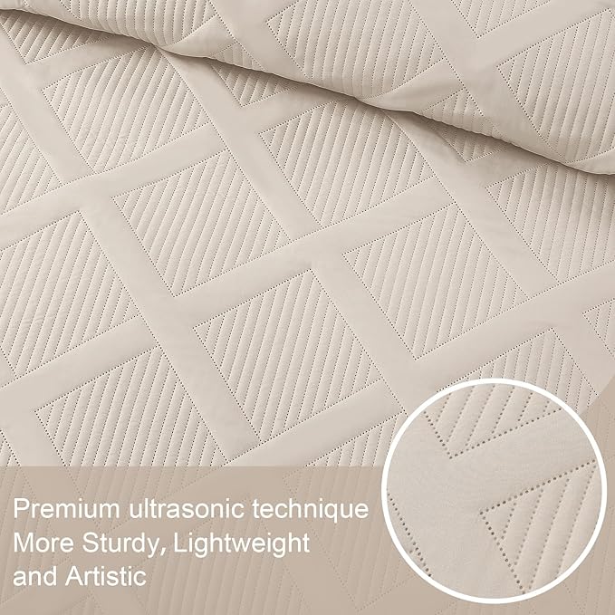 Exclusivo Mezcla Quilts Queen Size - Brich Beige Quilt Set Bedspread with 2 Pillow Shams, Modern Bedding Set with Striped Pattern, Soft Lightweight Bedspreads Queen Size for All Seasons