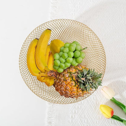 IBWell Metal Wire Woven Fruit Storage Bowl Basket for Kitchen, Large Black Mesh Fruit Stand, for Apple, Pineapple, Banana, Orange, Lemon, Pear, Strawberry, Watermelon (Gold, Small)