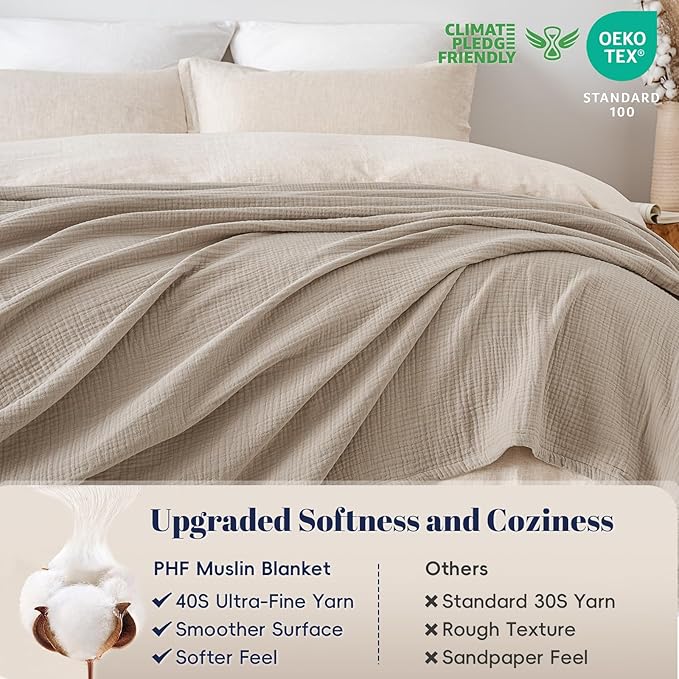 PHF 100% Cotton Muslin Blanket Queen Size 90"x90", 4-Layer Lightweight Gauze Throw, Breathable Cloud-Soft Minimalist Blanket for Bed, Couch, Camping & Baby, Taupe, Ideal Gift