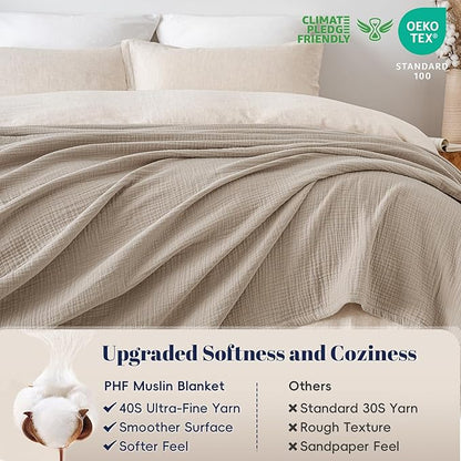 PHF 100% Cotton Muslin Blanket King Size 108"x90", 4-Layer Lightweight Gauze Throw, Breathable Cloud-Soft Minimalist Blanket for Bed, Couch, Camping & Baby, Taupe, Ideal Gift