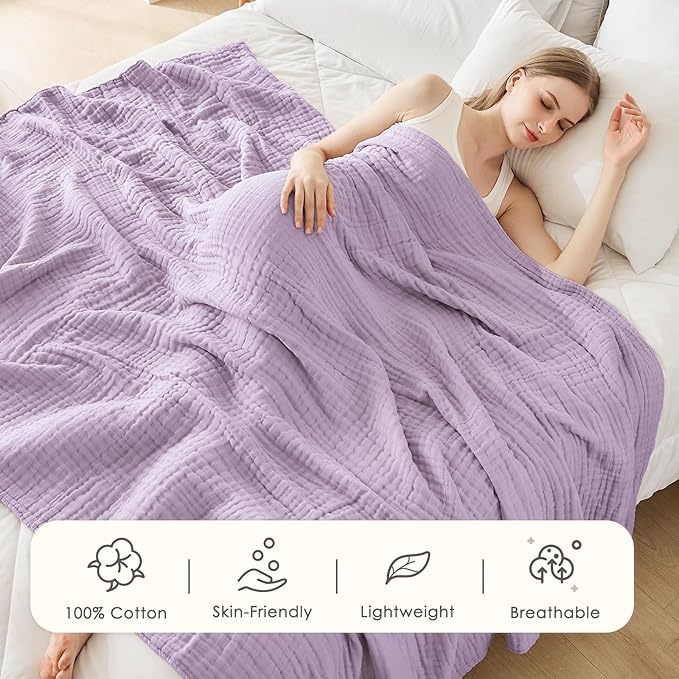 EMME Cotton Muslin King Blanket Big Oversized Bed Layering Bedspread Coverlet Breathable Gauze Soft Lightweight Blankets (Lavender, 120"x94")