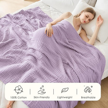 EMME Cotton Muslin King Blanket Big Oversized Bed Layering Bedspread Coverlet Breathable Gauze Soft Lightweight Blankets (Lavender, 120"x94")