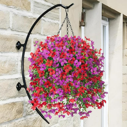 Artificial Hanging Flowers Plants with Basket for Outdoors, Realistic Faux Silk Daisy Flower Eucalyptus for Spring Decor, UV Resistant Fake Plants for Porch Patio Yard Balcony, Red Purple