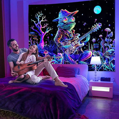 Galoker Blacklight Frog Tapestry Fantasy Neon Mushroom Tapestries UV Reactive Plant Floral Wall Tapestry Galaxy Space Tapestries Wall Hanging for Home Decor(H59.1×W78.7 inches)