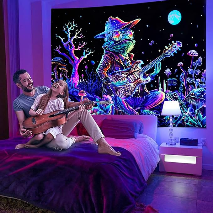 Galoker Blacklight Frog Tapestry Fantasy Neon Mushroom Tapestries UV Reactive Plant Floral Wall Tapestry Galaxy Space Tapestries Wall Hanging for Home Decor(H70.8×W92.5 inches)