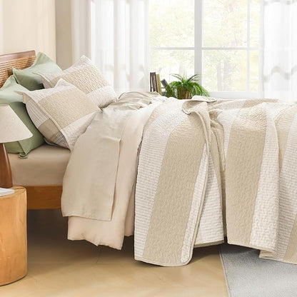 Litanika Quilt Queen Size Beige, Stripe Patchwork Summer Bedspread Coverlet 3 Pieces, Soft Lightweight Microfiber Quilted Bedding Set for All Season(1 Quilt, 2 Pillowcases)