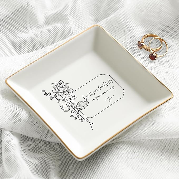 Gossby Personalized Jewelry Tray - Gift for Women Mom Friend with Birth Month Flower Name - Ceramic Trinket Tray Dish Plate for Ring Earring Bracelet - Gift Mothers Day Birthday Christmas V3