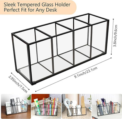 Pencil Holder for Desk,Tempered Glass Pen Holder,3&4 Compartments,Desktop Storage Organizer for Office Supplies,School Supplies,Pens,Markers,Pencils,Scissors,Paperclips (Black, 4 compartments)