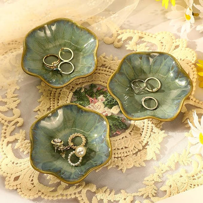 8 Pcs Ceramic Trinket Dish Lotus Leaf Jewelry Tray Small Ring Dish for Earrings, Rings, Jewelry Holder, Key Bowl(Dark Green)