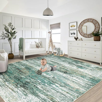 9x12 Area Rugs for Living Room, Washable Modern Abstract Large Area Rug Neutral Soft Non Slip Kids Rug Stain Resistant Indoor Carpet for Bedroom Dining Room Playroom Home Office(Green, 9'x12')