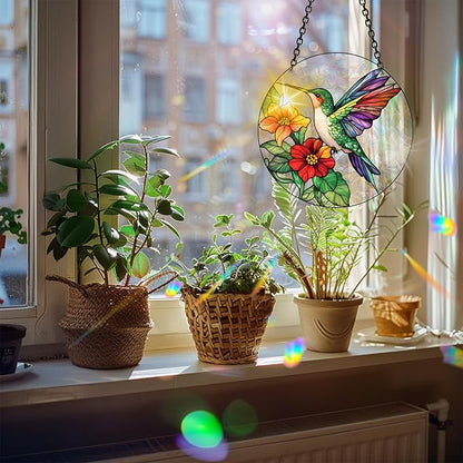Bimkole Hummingbird Sun Catchers Indoor Window - Flowers Acrylic Suncatcher Hanging Decoration for Living Room Bedroom Summer Home Balcony Outdoor Garden Ornaments Decoration 7.8x7.8 Inch