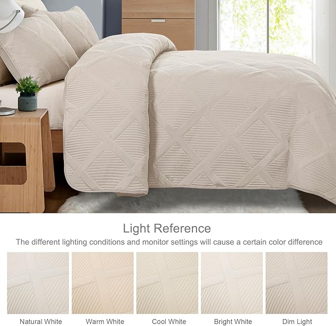Exclusivo Mezcla King Quilt Set- Brich Beige Quilts Bedding Set with 2 Pillow Shams, Modern King Bedspread with Striped Pattern, Soft Lightweight Bedspreads Coverlets for All Seasons