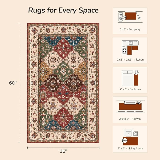 Lessymo Moroccan Area Rugs 3x5, Fauxwool Washable Area Rug for Bedroom Entryway Living Room, Non-Slip Multicolor Oriental Rug, Low Plie Boho Vintage Area Rug, Kid & Pet Friendly, Classic Red and Cream