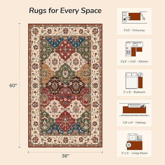 Lessymo Moroccan Area Rugs 3x5, Fauxwool Washable Area Rug for Bedroom Entryway Living Room, Non-Slip Multicolor Oriental Rug, Low Plie Boho Vintage Area Rug, Kid & Pet Friendly, Classic Red and Cream