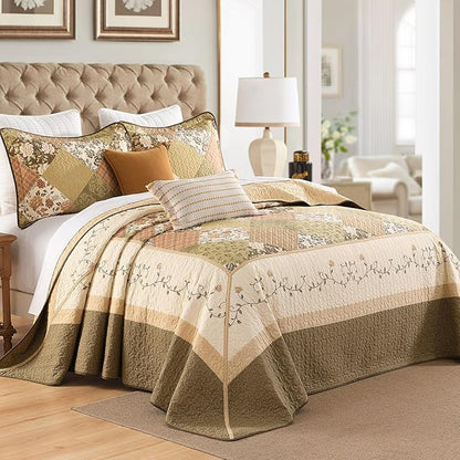 SahSahCasa 100% Cotton 120"x120" Oversized California King Bedspread Coverlet Quilt Set, Cal King Quilted Bedspread Extra Large Quilt, Floral XL Bed Spread Lightweight Comforter, Beige/Green/Brown