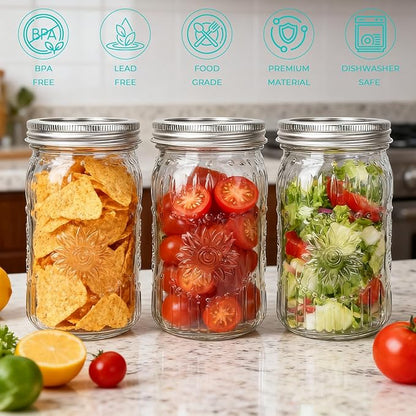 CycleMore 6 Pack 32oz Glass Mason Jars with Silver Two-Piece Lids - Wide Mouth Jars, 1 Quart Canning Jars With Sunflower Print for Preserving, Decor & Storage