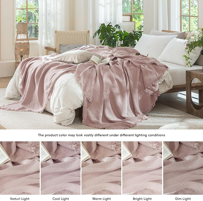 MooMee Muslin Blanket - 100% Cotton 4-Layer Gauze Throw Blanket with Tassels Ultra-Soft Breathable Lightweight Cooling for Bed Couch (Greyish Pink,King 104" x 90")