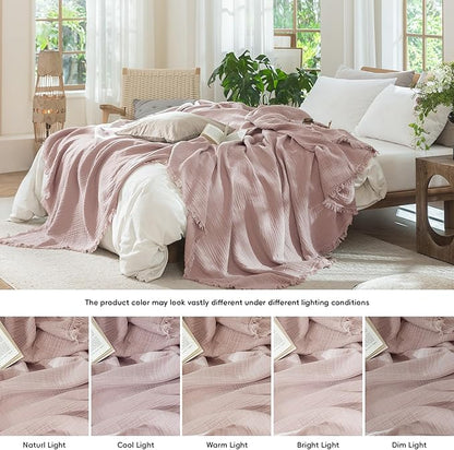 MooMee Muslin Blanket - 100% Cotton 4-Layer Gauze Throw Blanket with All-Around Fringe Ultra-Soft Breathable Lightweight Cooling for Bed Couch (Greyish Pink,Throw XL 50" x 70")