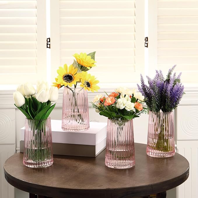 Pink Glass Vases Set of 4, Small Vases for Flowers, Flower Vase for Bouquet, Modern Ribbed Glass Vase for Living Room, Bedroom, Dining Table, Office, Wedding, Centerpieces