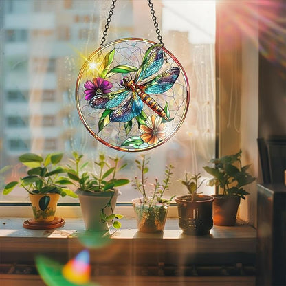 Bimkole Dragonfly Sun Catchers Indoor Window - Flowers Acrylic Suncatcher Hanging Decoration for Living Room Bedroom Summer Home Balcony Outdoor Garden Ornaments Decoration 7.8x7.8 Inch