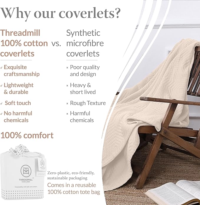 Threadmill Luxury Cotton Blankets for Queen Size Bed | All-Season 100% Cotton Queen Size Blanket | Aster Jacquard Cozy Lightweight, Soft Breathable Coverlet fits Full Size Bed, 90x92 | Vanilla Cream