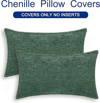 CaliTime Christmas Throw Pillow Covers Decorative 12 X 20 Inches Pack of 2 Cotton Thread Stitching Edges Solid Dyed Soft Chenille Cushion Cases for Couch Sofa Bed Living Room Farmhouse Dark Green