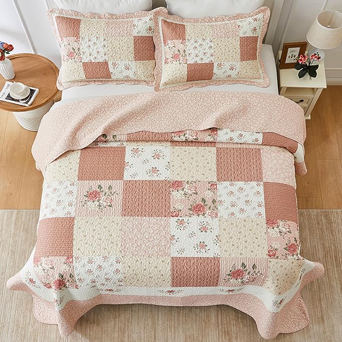 SahSahCasa 128"x120" 100% Cotton Oversized California King Patchwork Bedspread Coverlet Quilt Set, Floral Cal King Quilted Bedspread Extra Large Quilt, XL Bed Spread Lightweight Comforter, Pink/Cream