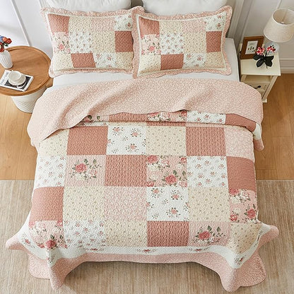 SahSahCasa 128"x120" 100% Cotton Oversized California King Patchwork Bedspread Coverlet Quilt Set, Floral Cal King Quilted Bedspread Extra Large Quilt, XL Bed Spread Lightweight Comforter, Pink/Cream