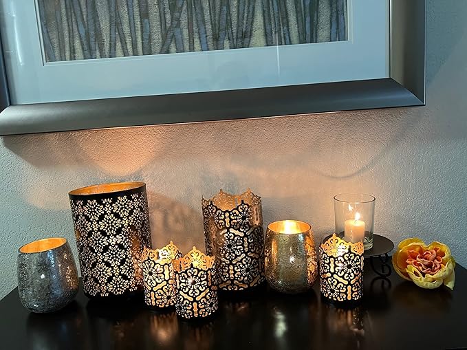 Hosley's Set of 2 Flower 7" High Cut Bronze Candle Holder & Lantern. Ideal for Use with Hosley Highly Scented Candles, Jar Candles. Can be Used as a Decorative Centerpiece in Your Living/Dining Room