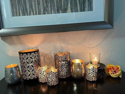 Hosley's Set of 2 Flower 7" High Cut Bronze Candle Holder & Lantern. Ideal for Use with Hosley Highly Scented Candles, Jar Candles. Can be Used as a Decorative Centerpiece in Your Living/Dining Room