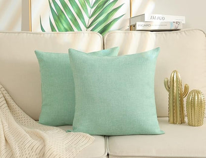 Stellhome Set of 2 Linen Throw Pillow Cover Square Spring Decorative Farmhouse Burlap Cushion Case for Home Decoration, 20 x 20 inch (50 cm), Green